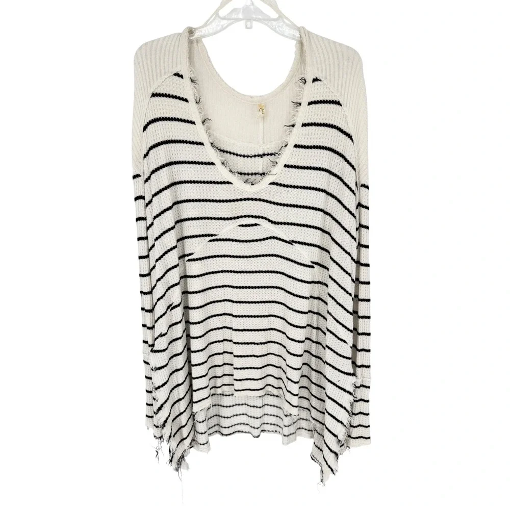 Free People Sunset Park Oversized Thermal‎ Tunic Black/White Striped Size L Boho